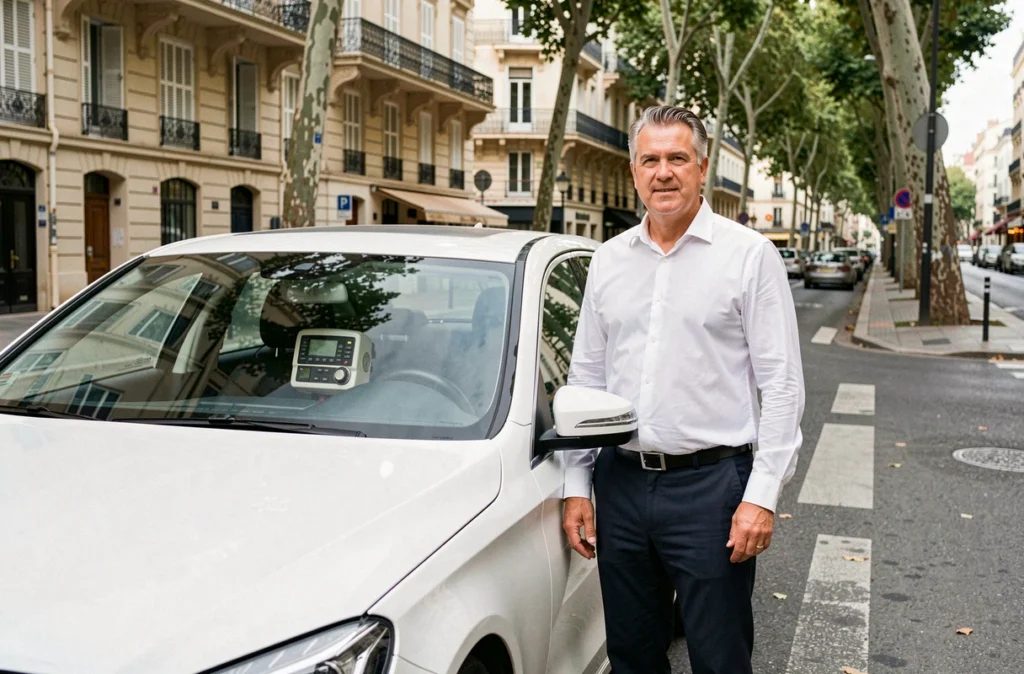 Chauffeur de Taxi Radio Marseille posant fièrement devant sa berline blanche dans une rue typique de Marseille