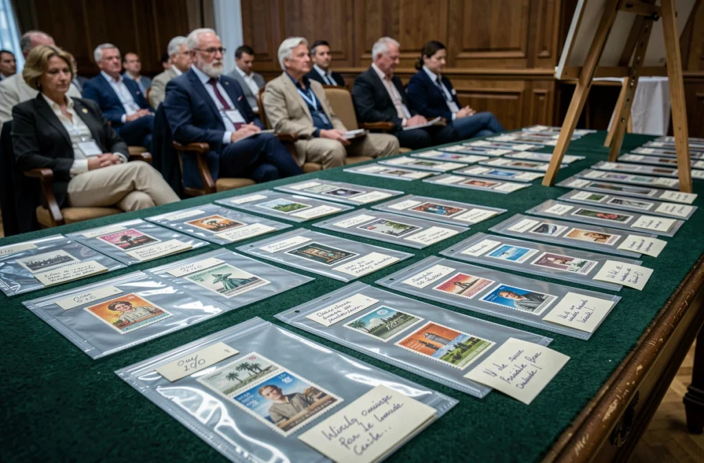 Table de vente aux enchères philatéliques avec timbres rares sous protection plastique sur feutrine verte