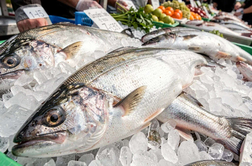 Bar frais posé sur de la glace à l'étal d'un poissonnier