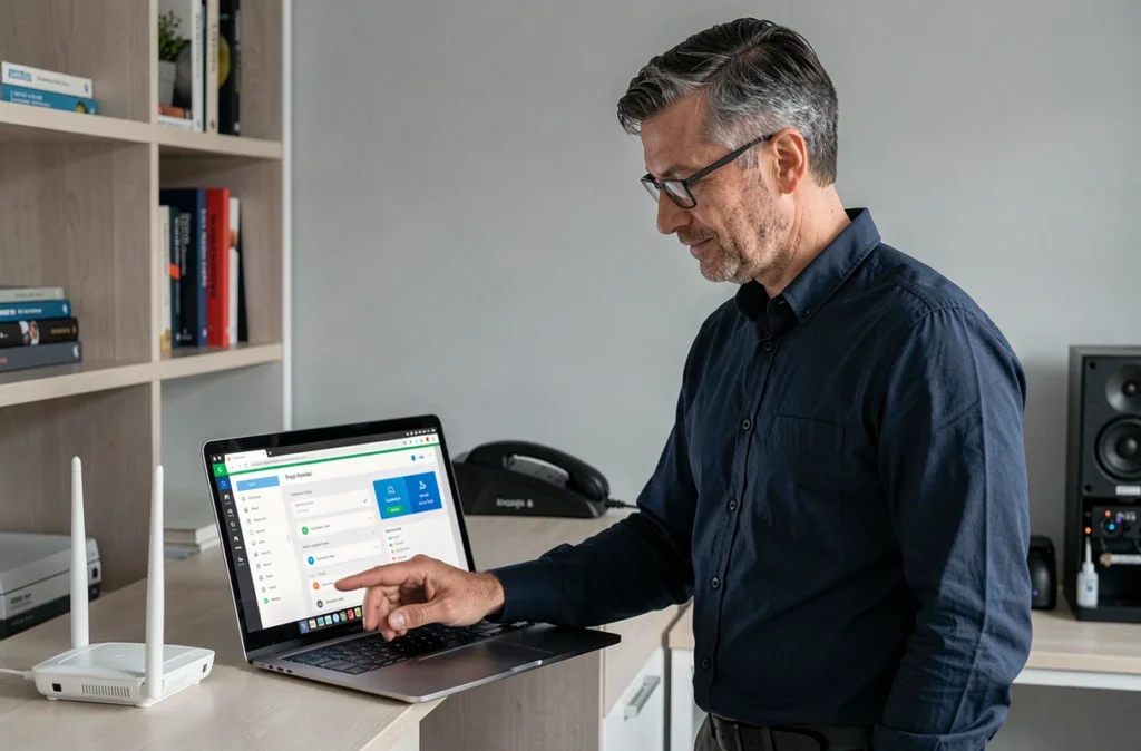 Homme configurant le blocage d'appels indésirables depuis l'interface de sa box internet à domicile