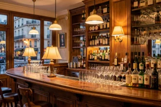Comptoir en bois d'un bar éclairé en soirée