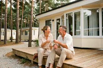 Couple profitant de la terrasse en bois de leur mobil-home moderne dans un camping entouré de pins