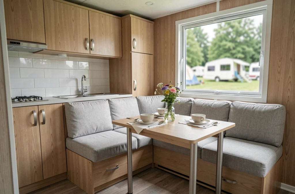 Intérieur cosy et moderne d'un mobil-home pour couple avec cuisine ouverte et salon aménagé