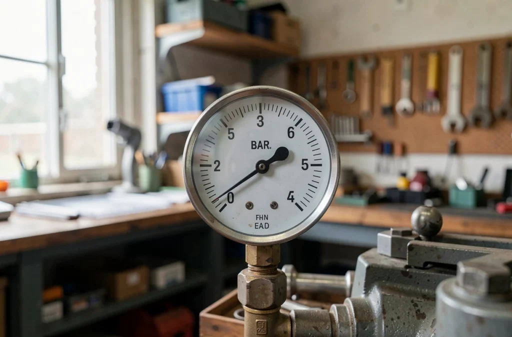 Manomètre analogique dont l'aiguille indique une pression d'environ un bar